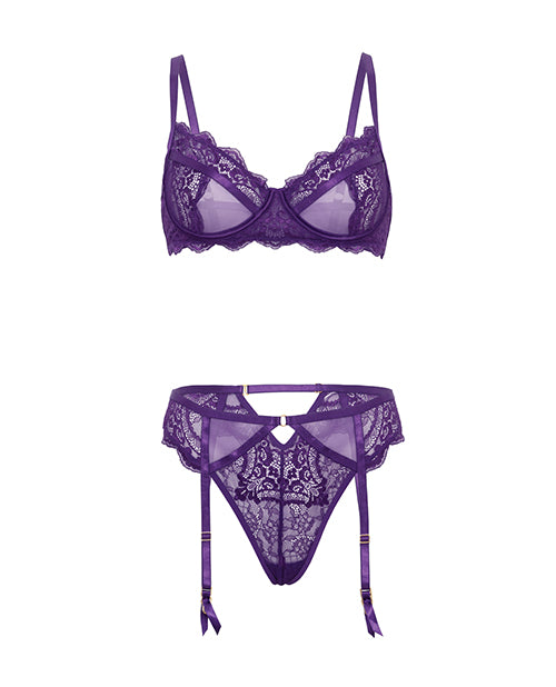 Margo Lace & Mesh Underwire Bra w/Gartered Panty 2 pc Set - Imperial Purple L/XL