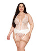 Load image into Gallery viewer, Rose Embroidered Lace Teddy w/Removable Satin Garter 2 pc Set - White 1X
