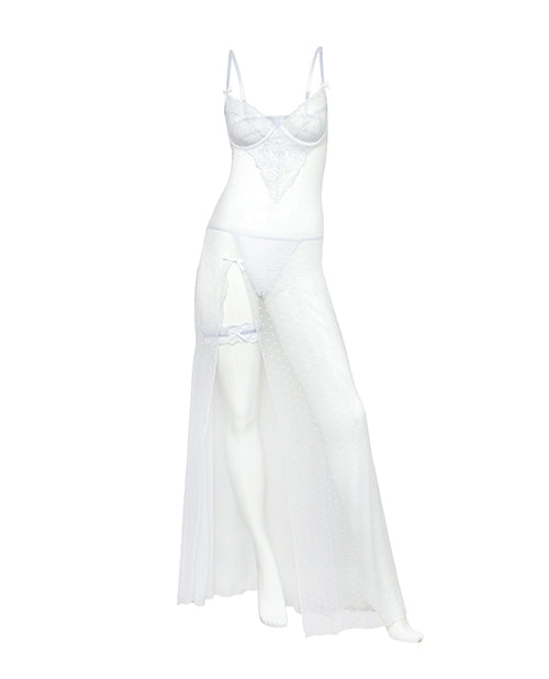 Livia Dot Mesh & Lace Underwire Gown & Garter 2 pc Set - White L/XL