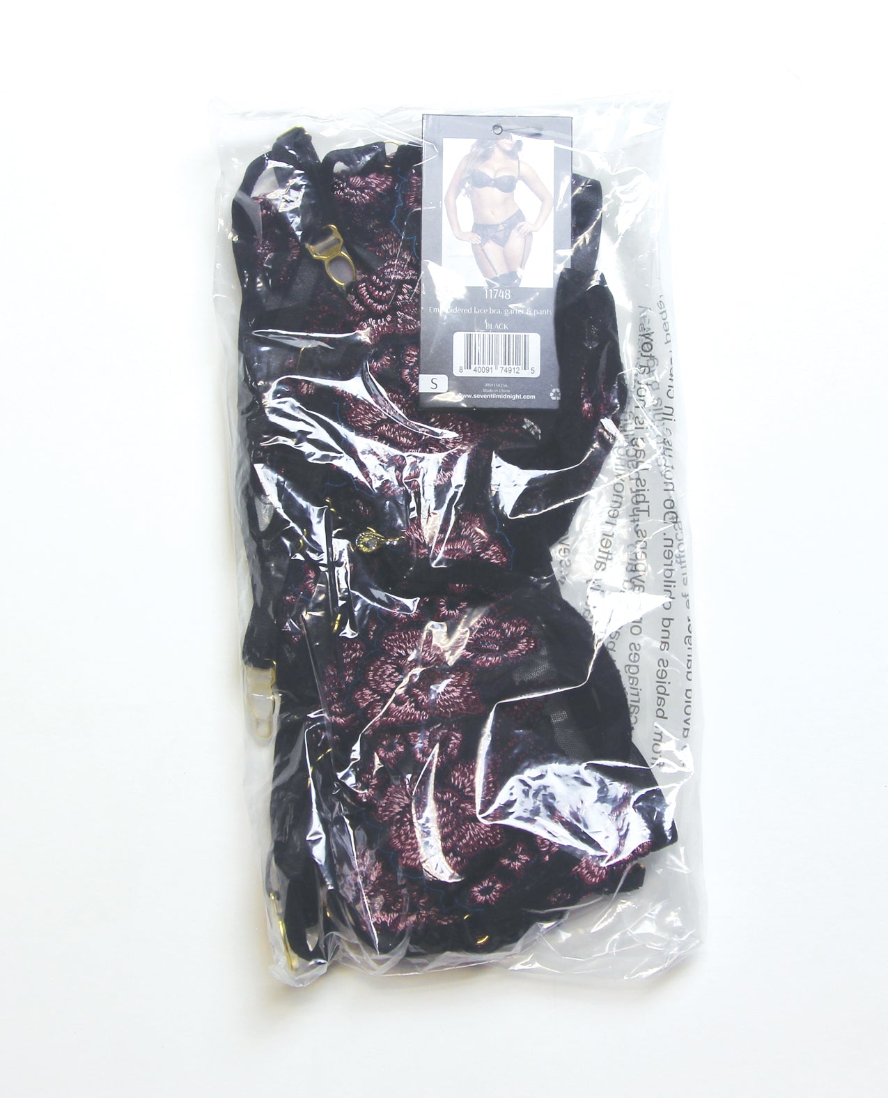 Floral Lace and Mesh Underwire Bra w/Garter & Thong 3 pc Set - Black/Purple SM