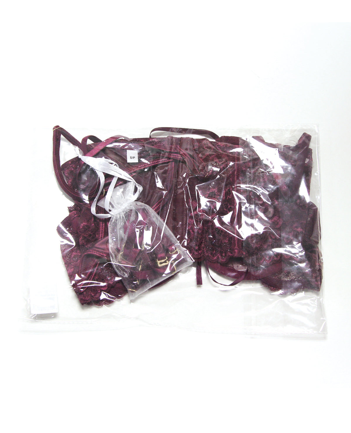 Stretch Scallop Lace Underwire Bra w/Garter & Satin G-String 3 pc Set - Mauve Plum LG