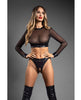 Indlæs billede i gallerifremviser, Domina Sheer Mesh &amp; Vegan Leather 2 pc Set w/Crotchless Thong &amp; Gold Restraint Clasps - Black L/XL
