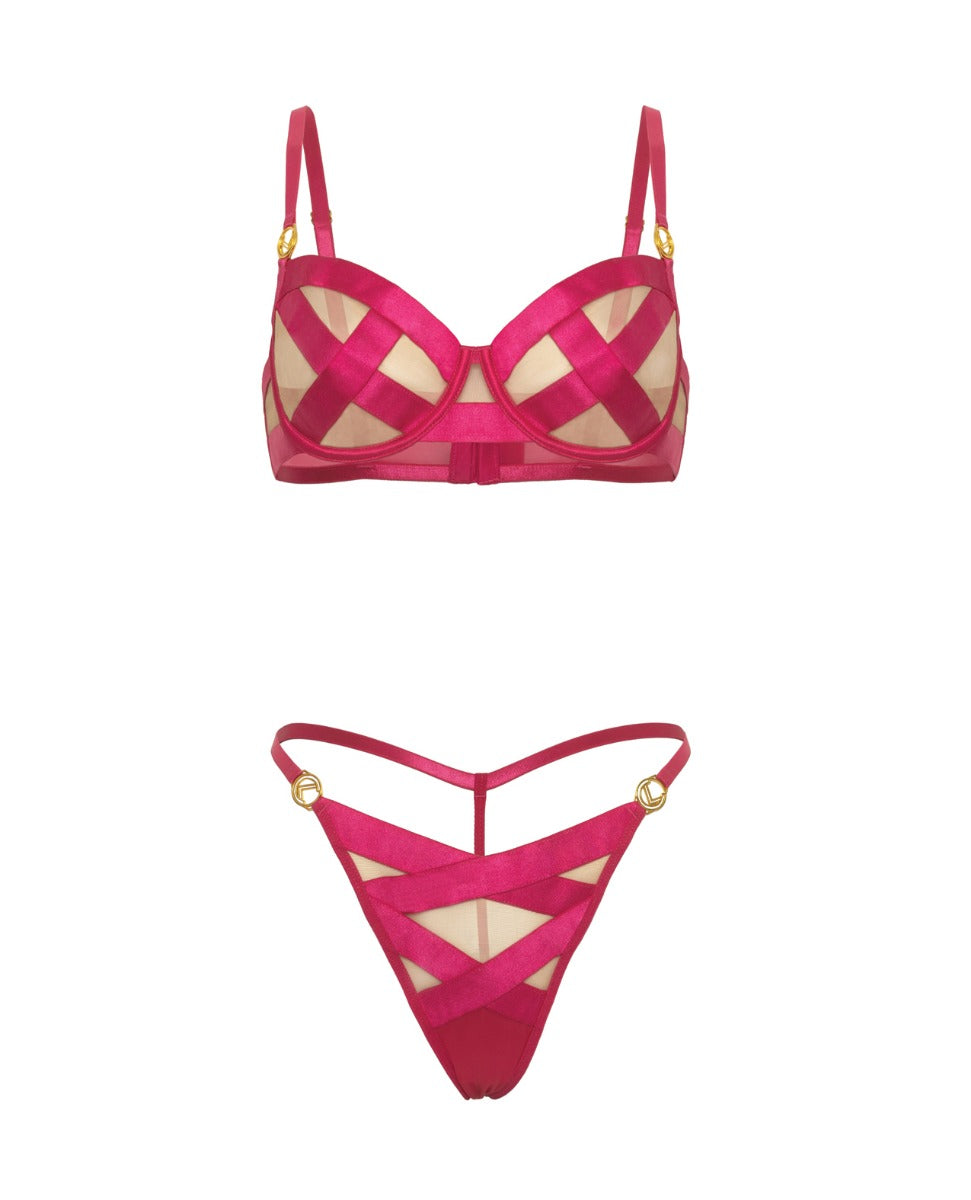 Raelynn Satin Strappy Underwire Bra w/G-String 2 pc Set - Pink Yarrow XL