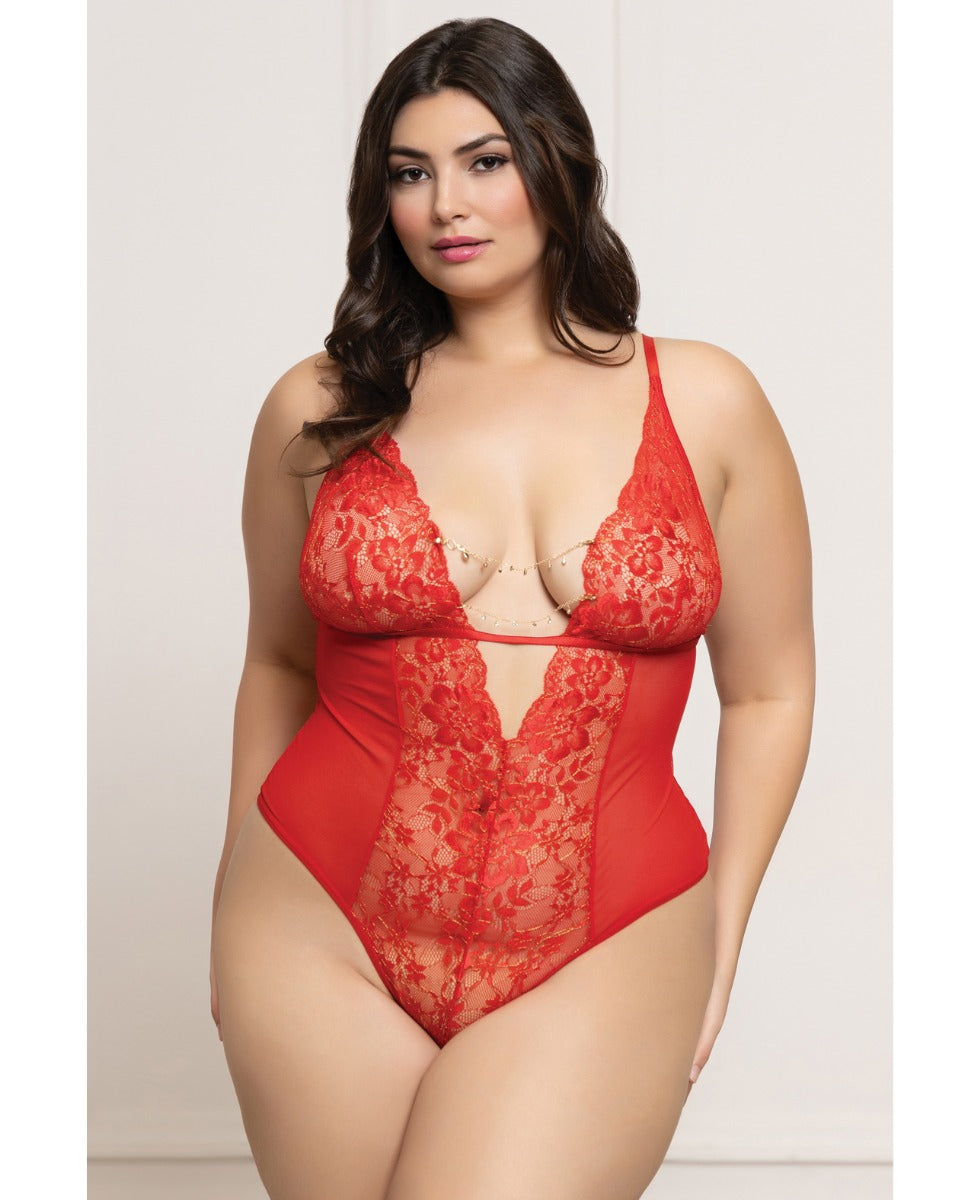 Lace and Mesh Open Crotch Teddy w/Rhinestone Detail - Red QN