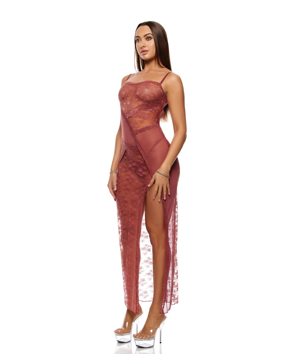 Patch of Petals Sheer Mesh and Lace Gown w/Thong 2 pc Set - Mauve SM
