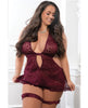 Cargue la imagen en el visor de la galería, Apron Style Halter Mini Dress With Thong And Lace Garters Burgundy Size 12-18
