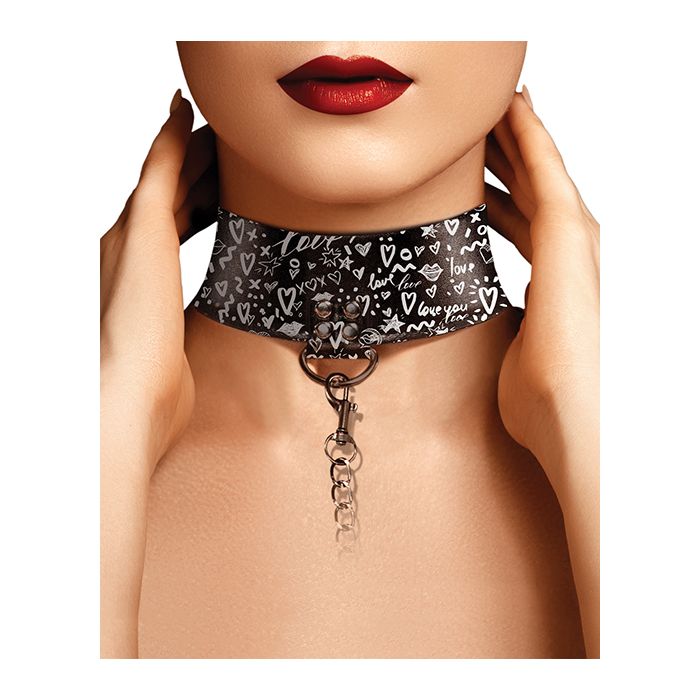 Shots Ouch Love Street Art Fashion Printed Collar w/Leash - Black