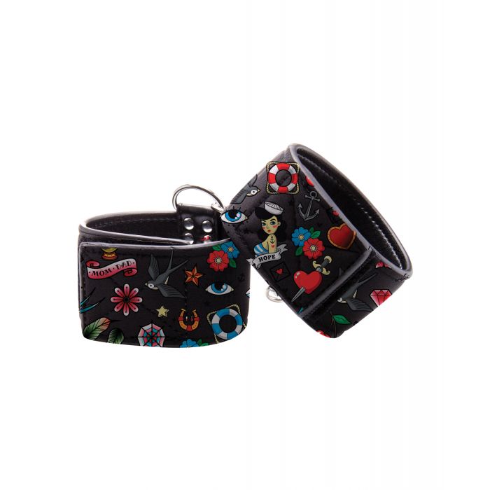 Shots Ouch Old School Tattoo Style Printed Ankle Cuffs- Black