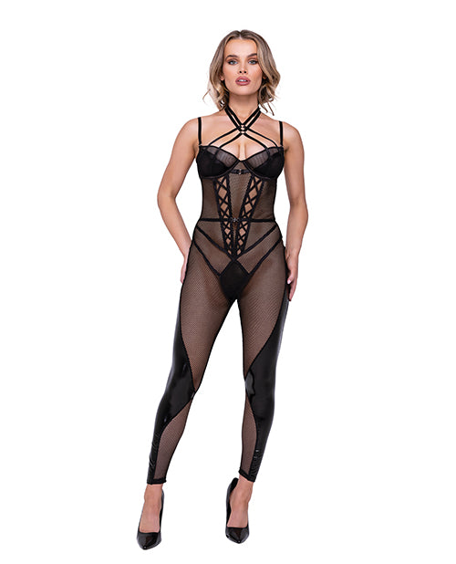 Flirty Fetish Fishnet & Faux Leather Catsuit w/Satin Trim Black SM