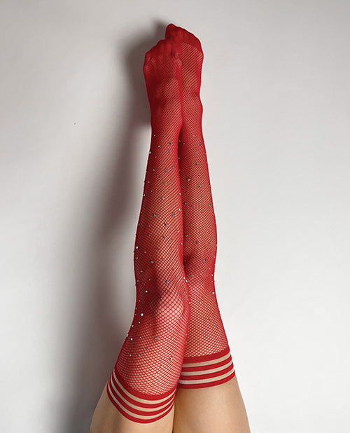 Kixies Joely Fishnet Rhinestone Thigh High Stockings Red B