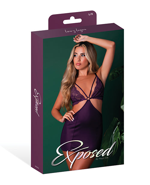 Leather & Lace Stretch Mesh and Lace Chemise w/Thong 2 pc Set - Plum L/XL
