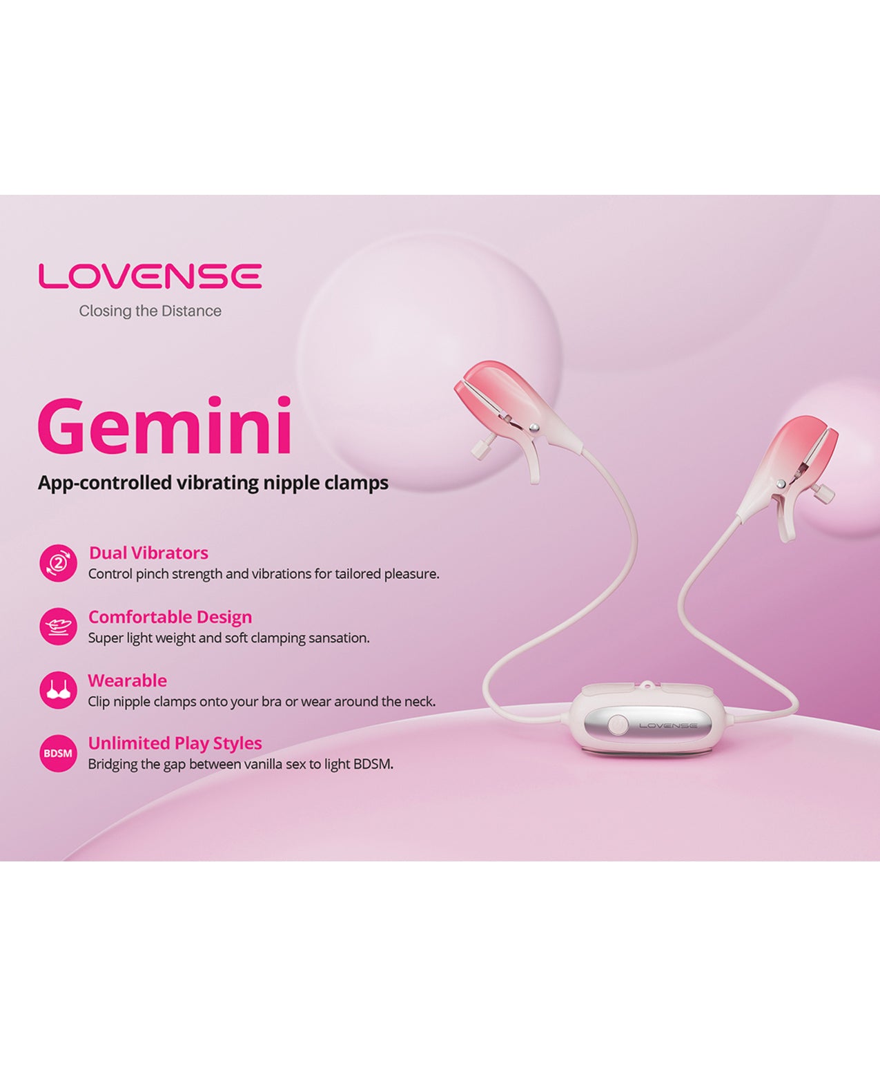 Lovense Gemini Vibrating Nipple Clamps - Pink