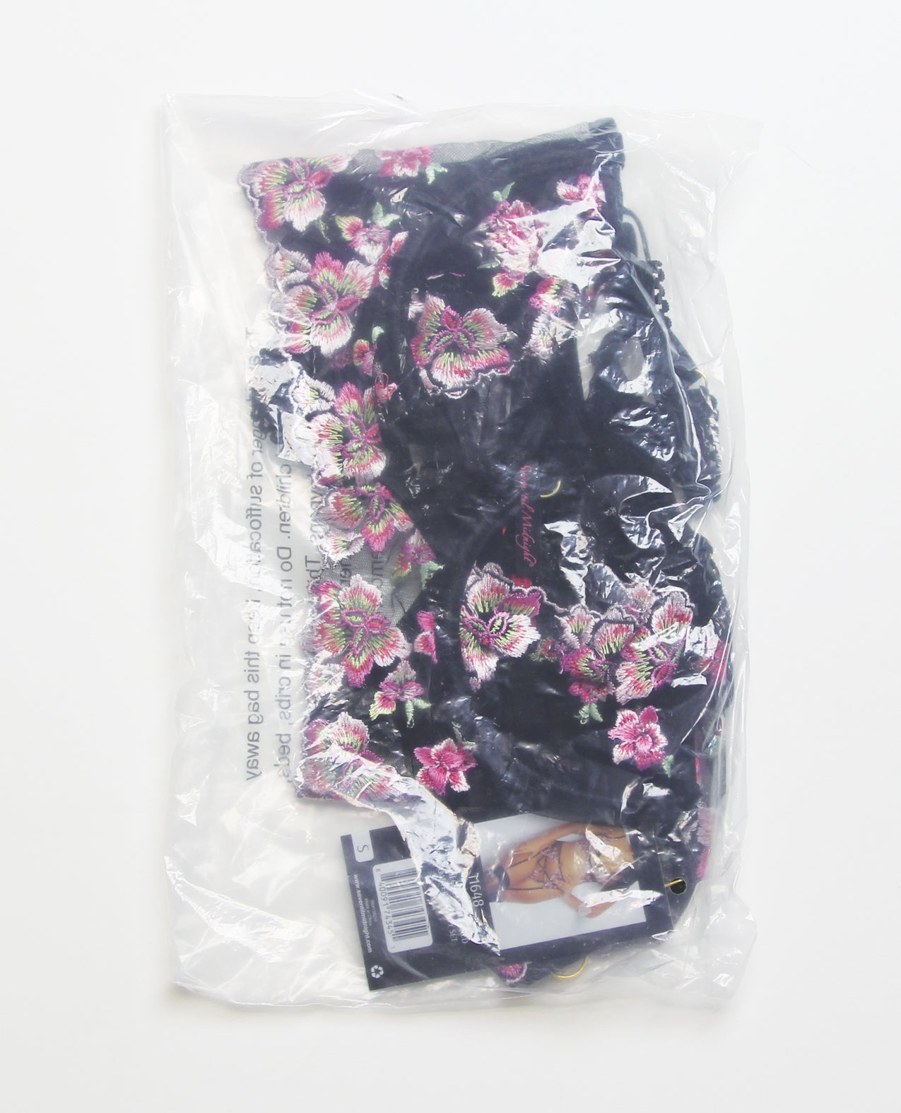 Floral Lace and Mesh Long Line Underwire Bra w/Garter & G-String - Black/Pink 3X/4X