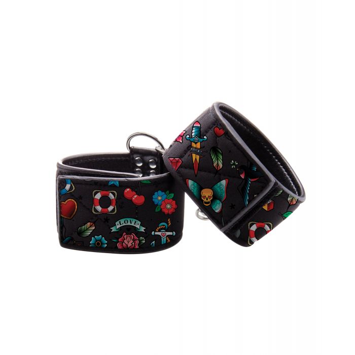 Shots Ouch Old School Tattoo Style Printed Hand Cuffs- Black