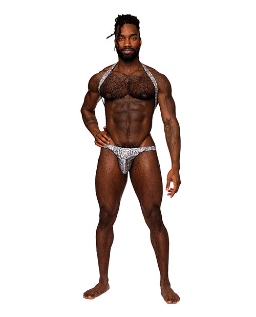 Snaked Metallic Shoulder Sling Harness Thong Silver Black