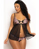Bild in den Galerie-Viewer laden, Floral Lace and Mesh Underwire Babydoll w/Open Back Panty 2 pc Set - Black/Pink SM
