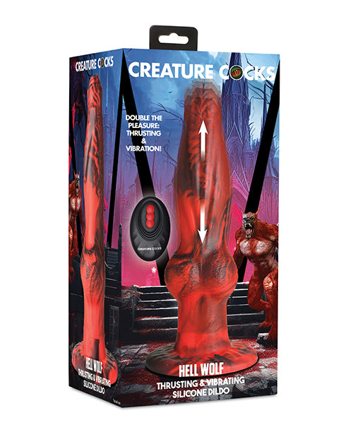 Consolador de silicona Creature Cocks Hell-Wolf con empuje y vibración - Negro/Rojo