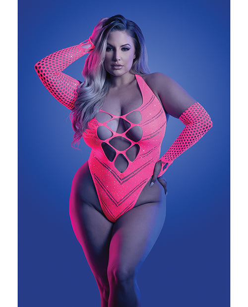 Glow Flashback UV Reactive Rhinestone Teddy With Gloves Or Leg Warmers Neon Pink