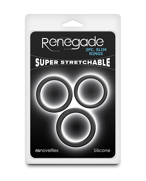 Renegade Slim Cock Rings Three Piece Set Black Silicone Stretchy Three Sizes