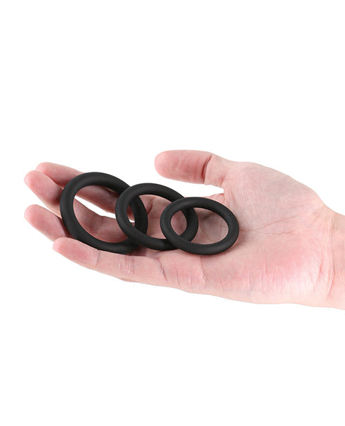 Renegade Slim Cock Rings Three Piece Set Black Silicone Stretchy Three Sizes