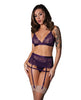 Charger l'image dans la visionneuse de la galerie, Leather &amp; Lace Stretch Mesh and Lace Bralette w/Garter &amp; Thong 3 pc Set - Plum L/XL
