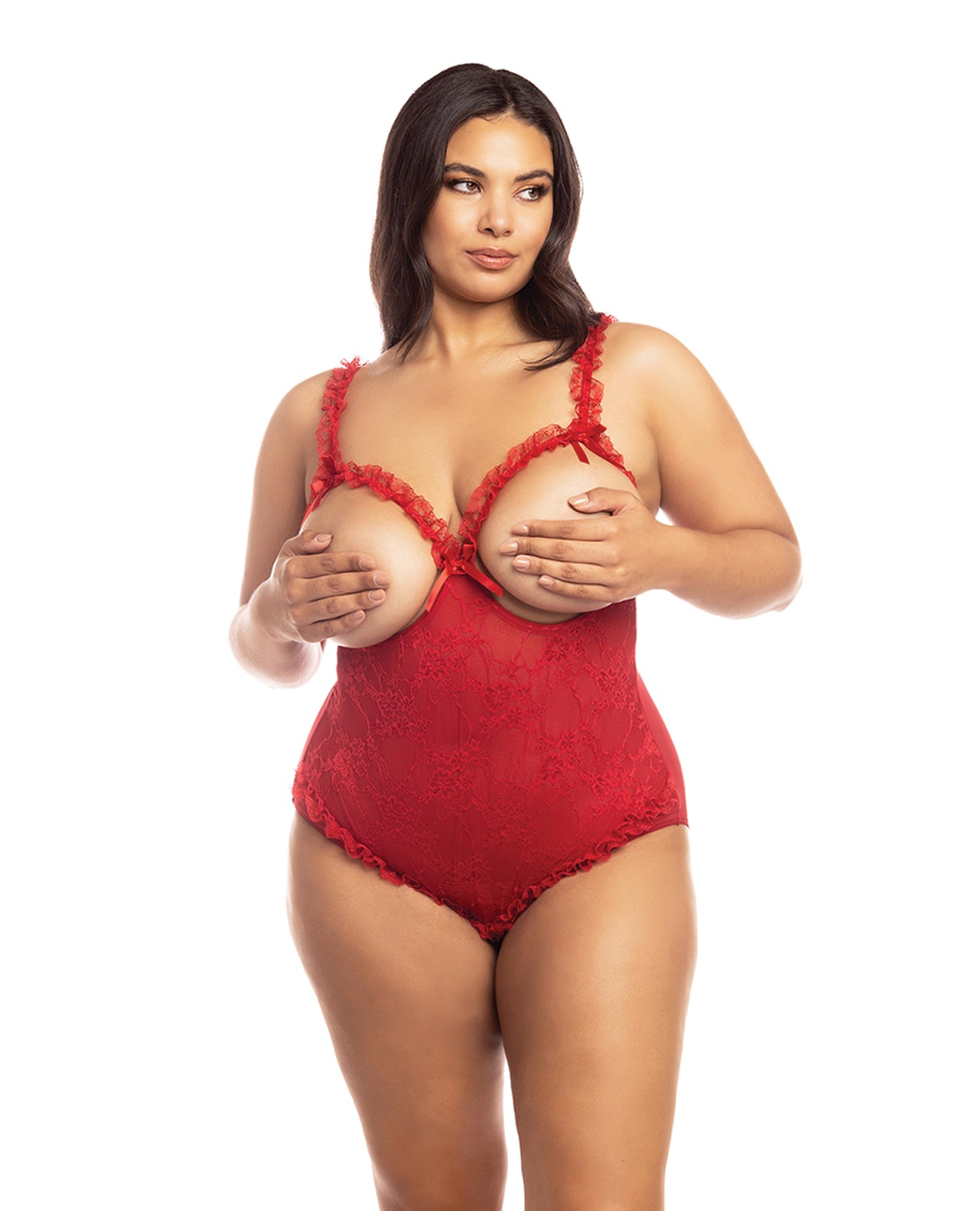 Lace Open Cup & Crotchless Teddy Red QN