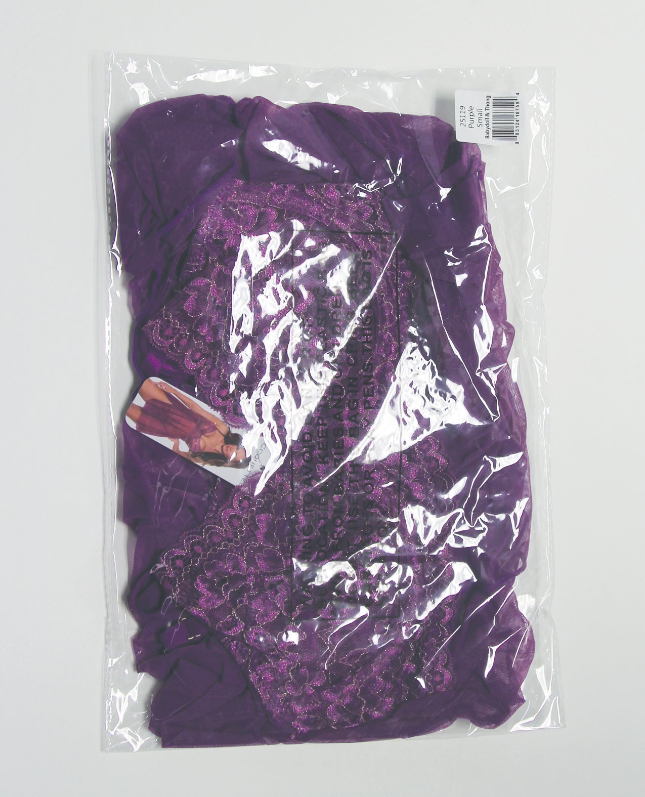 Metallic Stretch Lace & Mesh Babydoll w/Thong - Purple SM