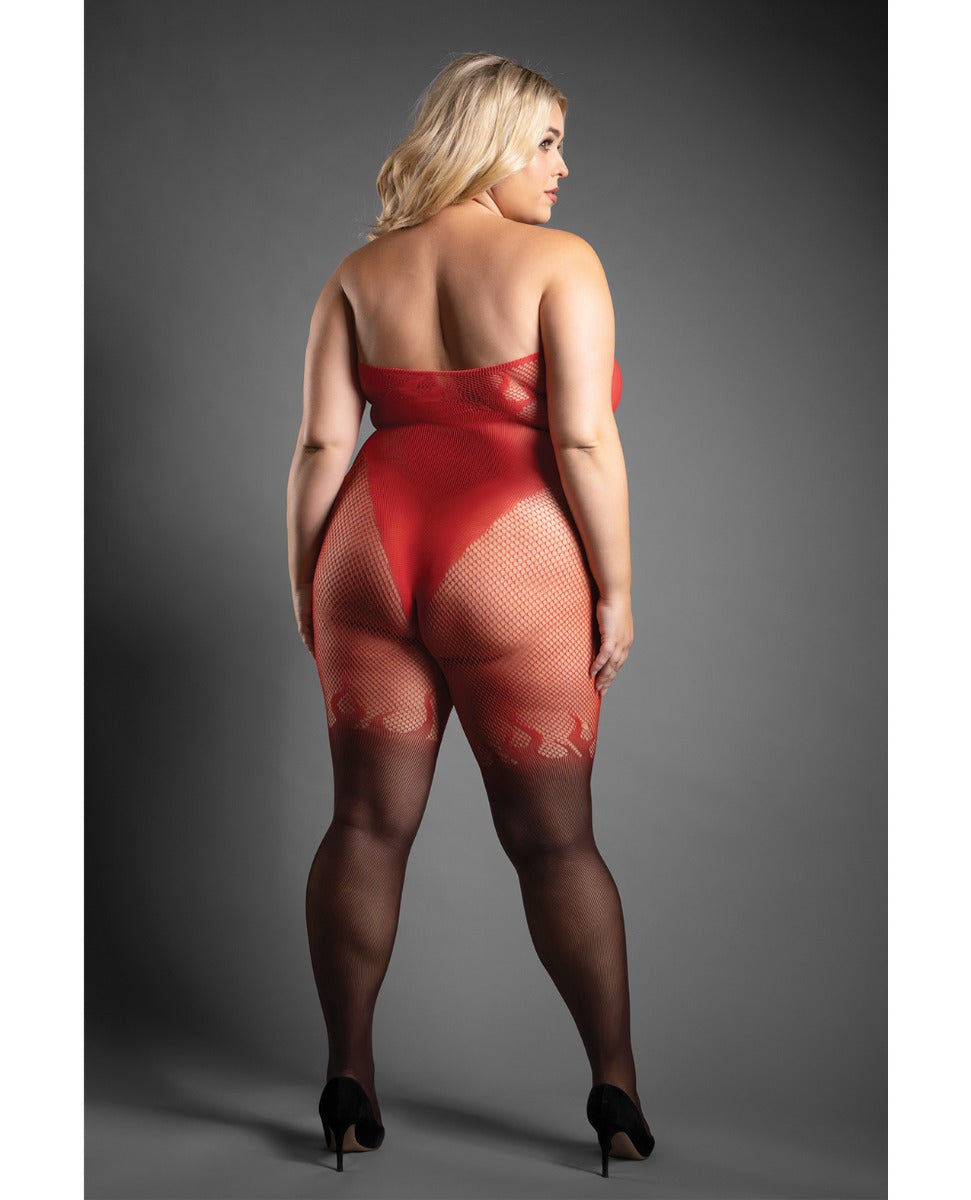 Sheer Flame Halter Bodystocking Crotchless Red Black