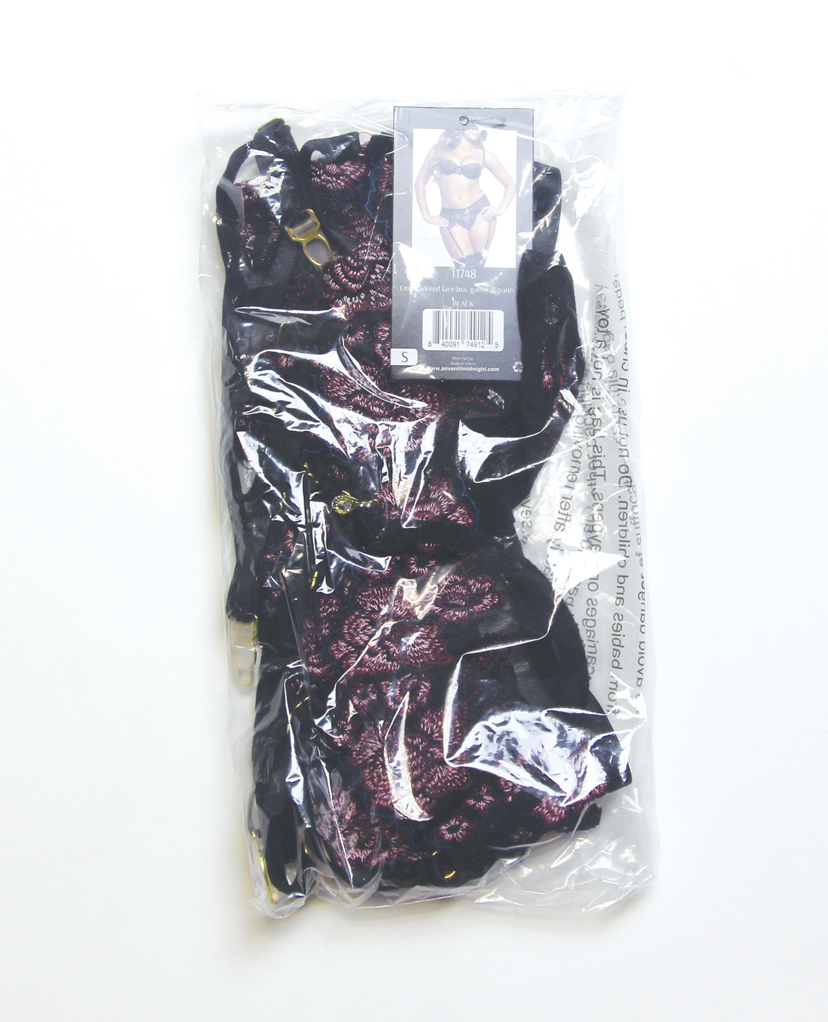 Floral Lace and Mesh Underwire Bra w/Garter & Thong 3 pc Set - Black/Purple 3X/4X