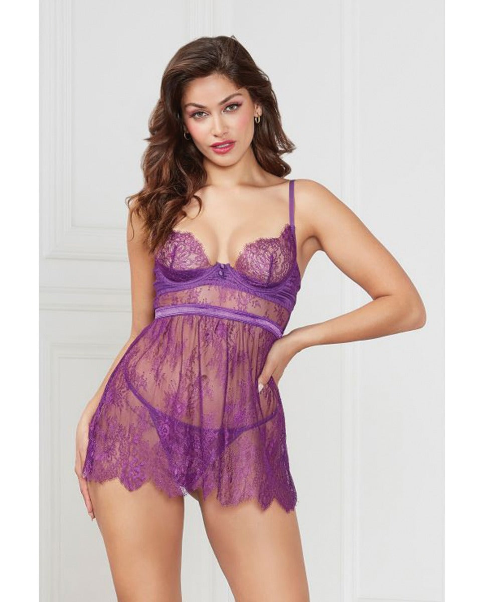 Floral Eyelash Lace Underwire Babydoll w/Thong 2 pc Set - Purple LG
