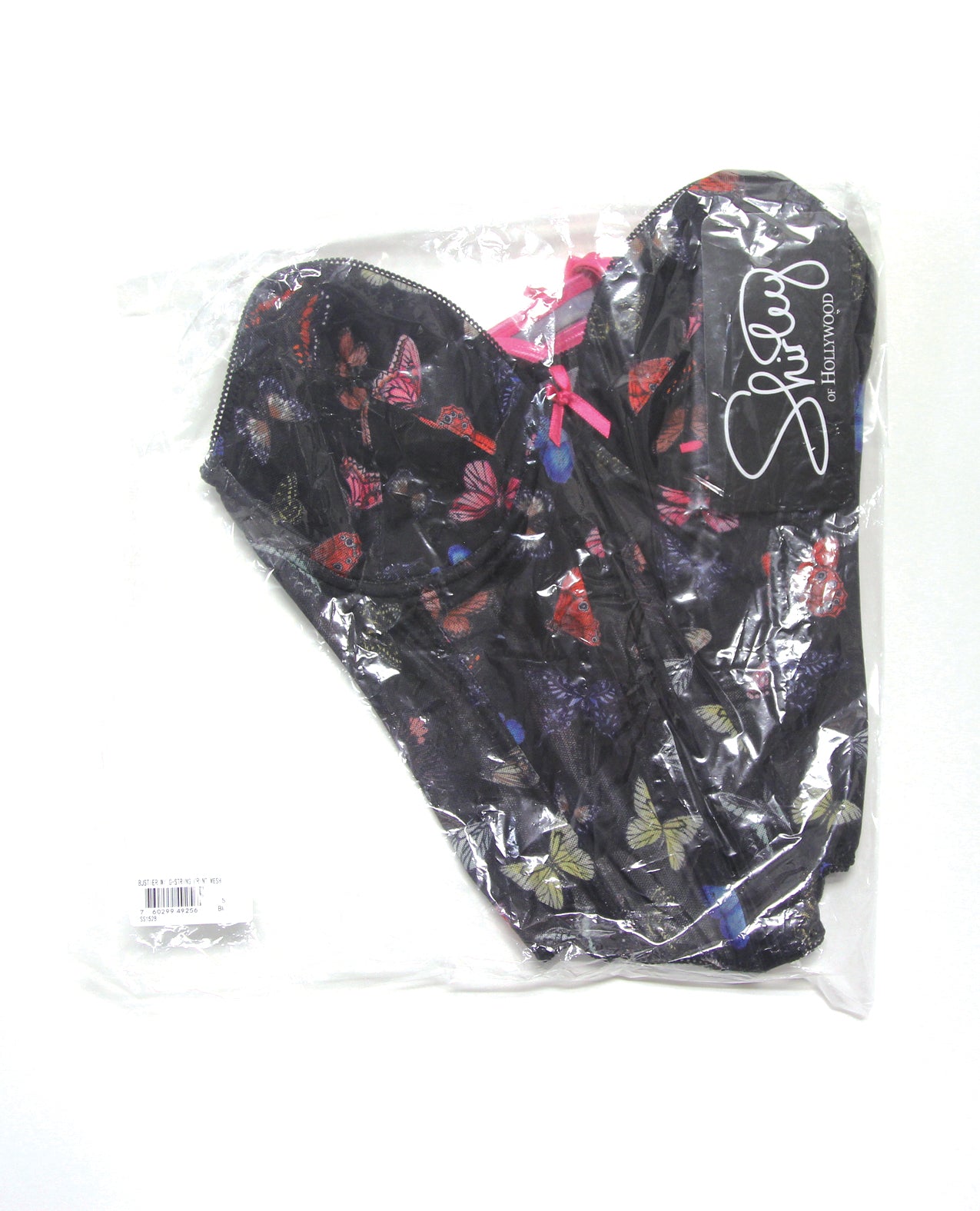 Black Mesh Butterfly Print Bustier w/G-String - Multi-Color XL