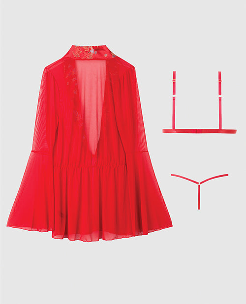 Dragon Sheer Mesh Robe w/Satin Triangle Top & G-String 3 pc Set - Red 3X/4X
