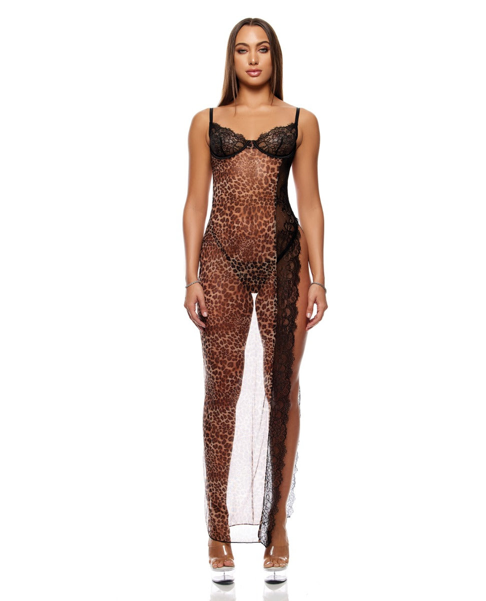 Animal Instincts Sheer Mesh and Lace Gown w/Thong 2 pc Set - Animal MD