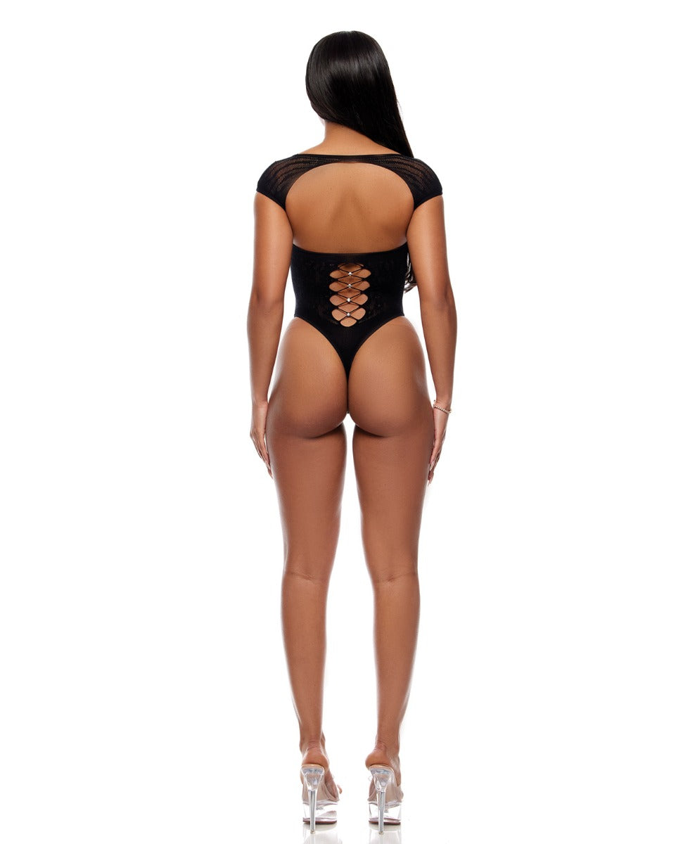 Cross Your Mind Seamless Teddy w/Rhinestone Accents - Black O/S