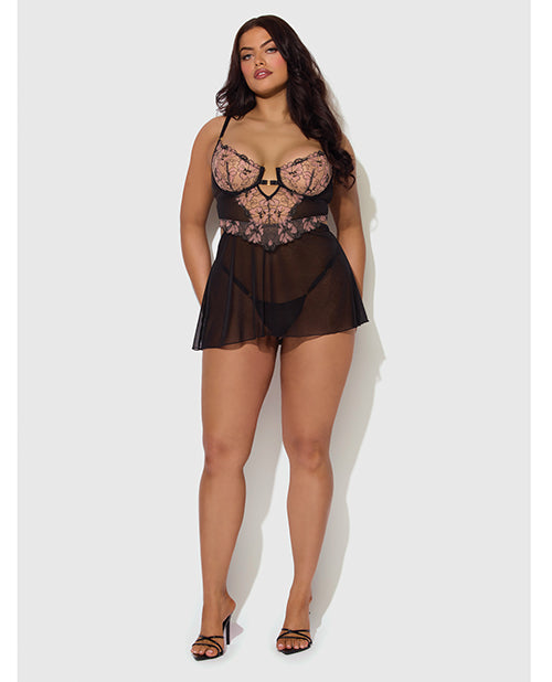 Nova Lace & Mesh Babydoll w/G-String 2 pc Set - Black 3X/4X