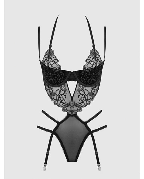 Eden Embroidered Lace And Mesh Halter Teddy With Garters Black