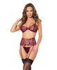 Load image into Gallery viewer, Stretch Scallop Lace Underwire Bra w/Garter &amp; Satin G-String 3 pc Set - Mauve Plum MD
