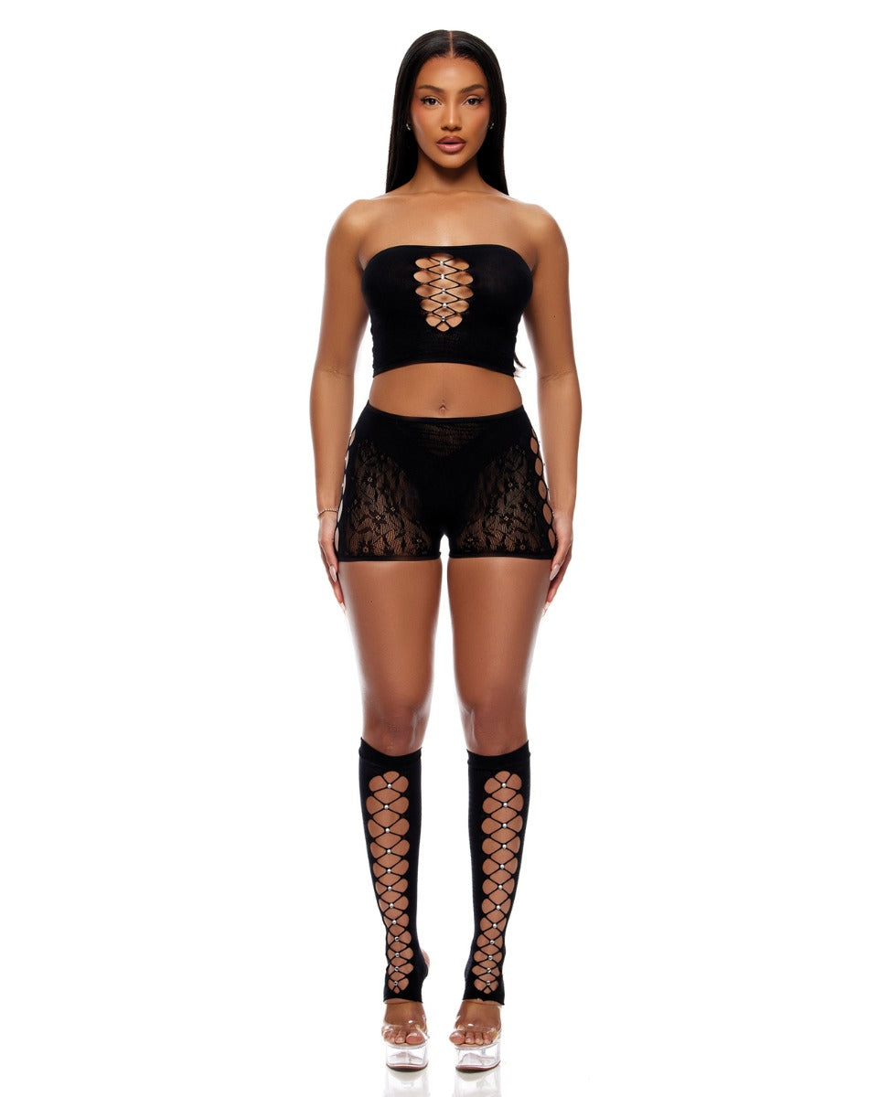 Cross Your Mind Tube Top w/Boy Short & Open Toe Socks Bodystocking - Black O/S
