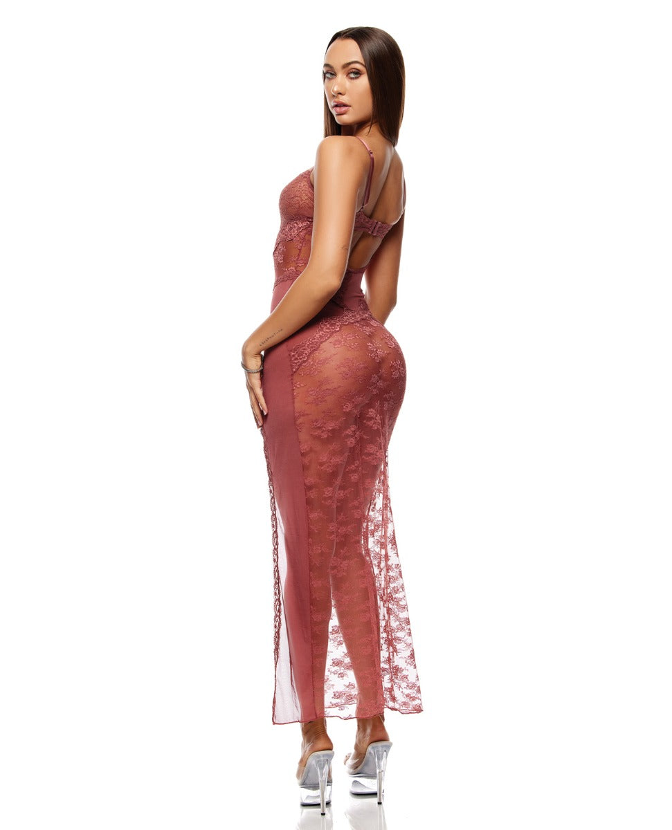 Patch of Petals Sheer Mesh and Lace Gown w/Thong 2 pc Set - Mauve MD