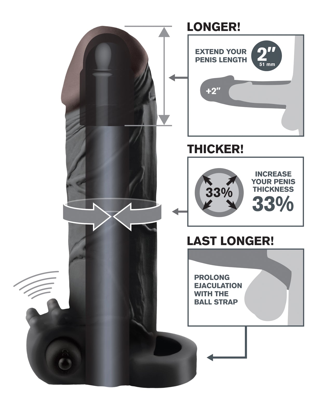 Extensie Fantasy X-tensions Vibratoare cu Senzație Reală de 2" cu Curea cu Bile - Negru