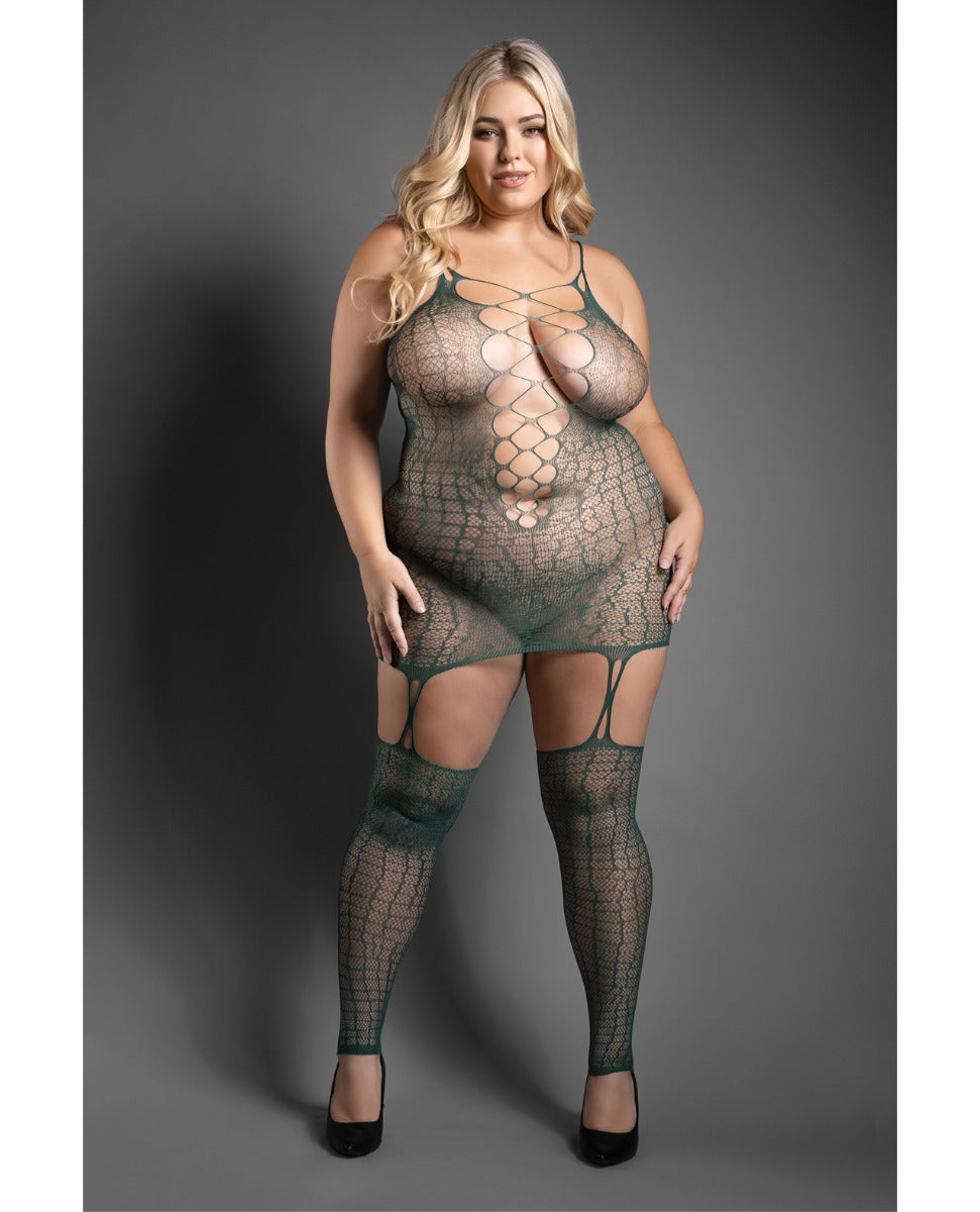 Sheer Reptile Print Bodystocking With Stockings Green QN