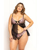 Load image into Gallery viewer, Floral Lace And Mesh Underwire Babydoll Set Open Back 2 Piece Black Pink 1X 2X
