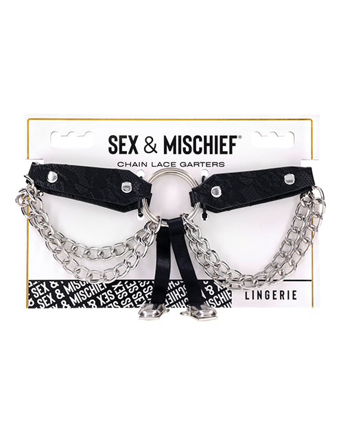 Sex And Mischief Chain Lace Garters With Center Ring And Draped Chains