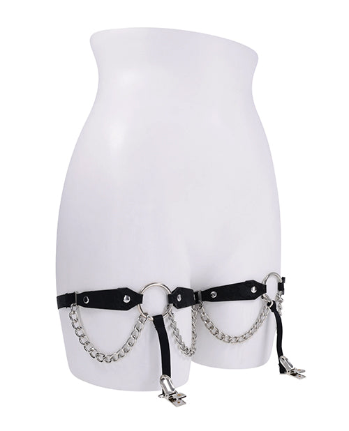 Sex And Mischief Chain Lace Garters With Center Ring And Draped Chains