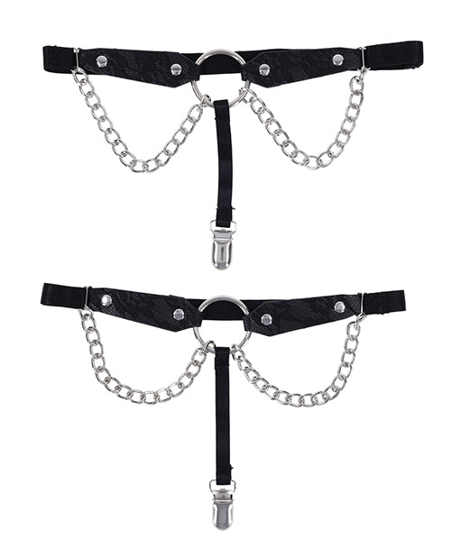 Sex And Mischief Chain Lace Garters With Center Ring And Draped Chains