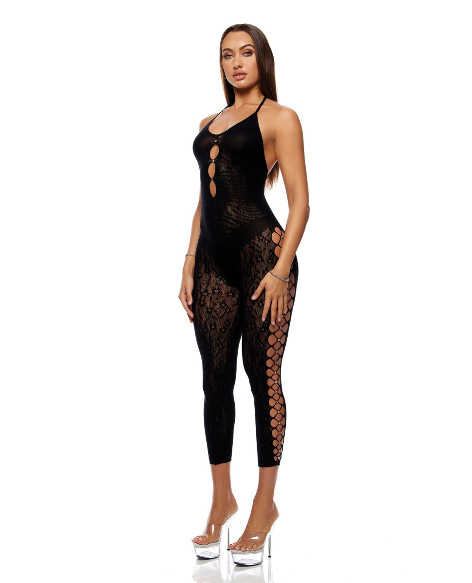 Cross Your Mind Capri Floral Knit Bodystocking w/Rhinestone Details - Black QN