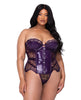 Load image into Gallery viewer, Sugar Plum Scalloped Eyelash Lace &amp; Faux Leather Bustier w/Steel Boning &amp; Thong Purple 1X
