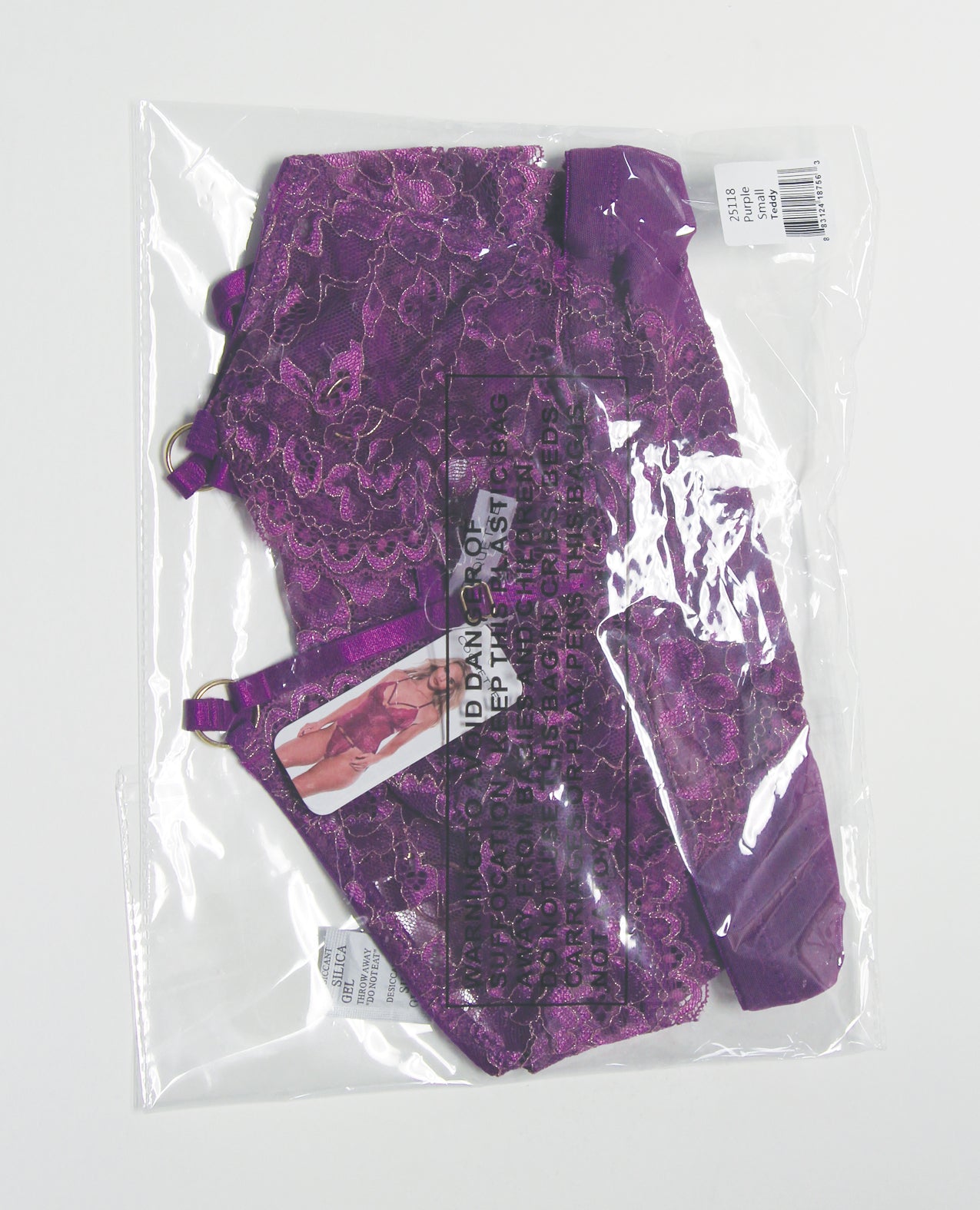 Metallic Stretch Lace & Mesh Teddy w/Detachable Panty - Purple SM