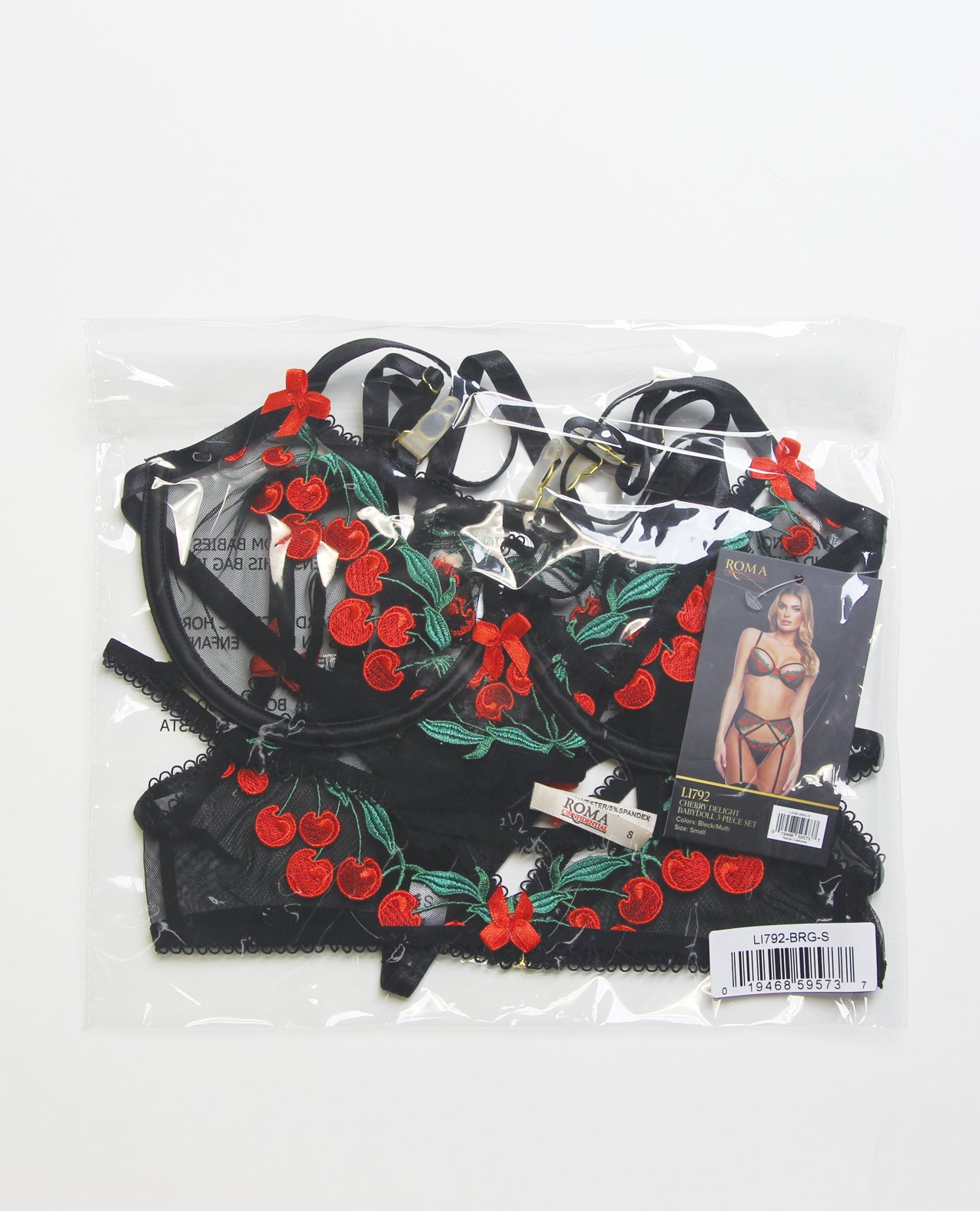 Cherry Delight Embroidered Lace and Mesh Underwire Bra w/Garter & G-String 3 pc Set - Black 1X