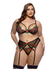 Load image into Gallery viewer, Cherry Delight Embroidered Lace and Mesh Underwire Bra w/Garter &amp; G-String 3 pc Set - Black 1X
